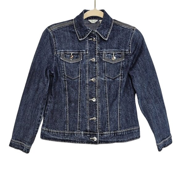 Laura Ashley Petite Womens Jeans Jacket Size P Small Button Up Blue Denim - Picture 1 of 12